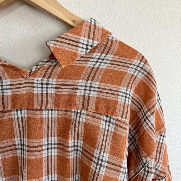 POL Shirt Oversize Plaid Tunic Split Collar Bishop Sleeve - Picture 8 of 11